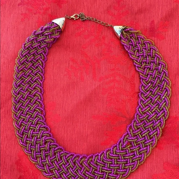 Bib Choker PreOwned. Braided Purple Bronze Resin Beads 9”+1” ext Adorable - Picture 6 of 7